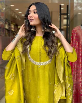 Yellow beautiful viscosee chanderi wevon and embroidery work stitched salwar kameez 3