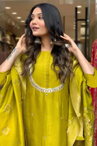 Yellow beautiful viscosee chanderi wevon and embroidery work stitched salwar kameez