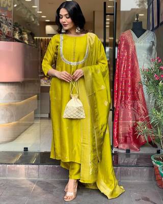 Yellow beautiful viscosee chanderi wevon and embroidery work stitched salwar kameez 4