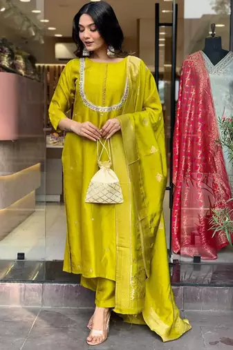 Yellow beautiful viscosee chanderi wevon and embroidery work stitched salwar kameez
