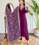 Wine beautiful viscose chanderi embroidery work and printed stitched salwar kameez