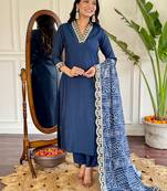 Blue beautiful viscose chanderi embroidery work and printed stitched salwar kameez