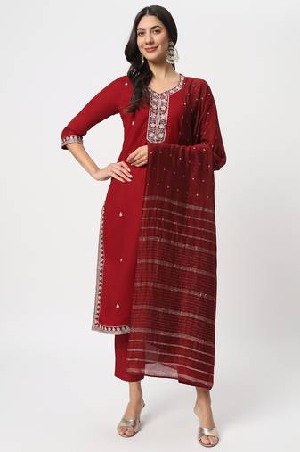 Maroon cotton fabric graceful embroidery work stitched salwar kameez