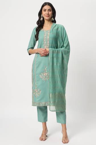 Sea green cotton fabric graceful embroidery work stitched salwar kameez