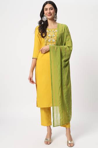 Yellow cotton fabric graceful embroidery work stitched salwar kameez