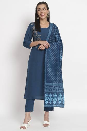 Blue beautiful magic cotton designer printed ethnic partywear suit