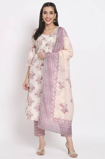 White beautiful magic cotton designer printed ethnic partywear suit