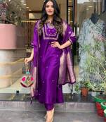 Purple colour viscosee chanderi fabric partywear ready suit with embroidery work