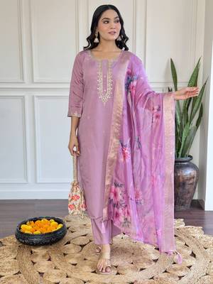 Purple chanderi fabric readymade festive suit with embroidery work with wevon 1