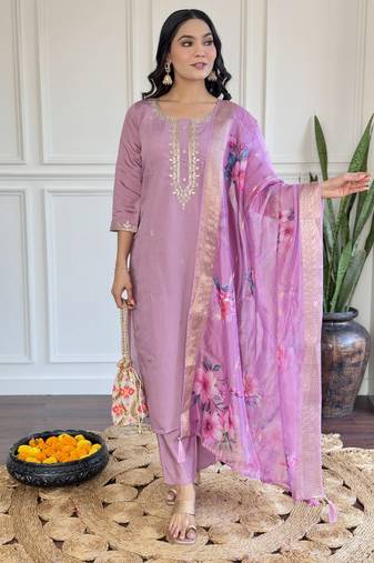Purple chanderi fabric readymade festive suit with embroidery work with wevon
