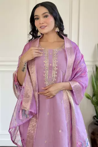 Purple chanderi fabric readymade festive suit with embroidery work with wevon