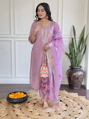 Purple chanderi fabric readymade festive suit with embroidery work with wevon 3