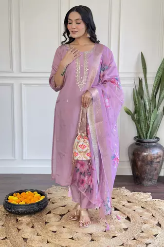 Purple chanderi fabric readymade festive suit with embroidery work with wevon