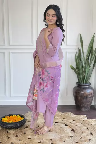 Purple chanderi fabric readymade festive suit with embroidery work with wevon