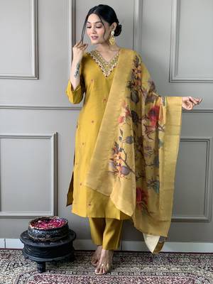 Mustard pv chanderi fabric readymade festive suit with embroidery work with printed 1