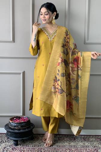 Mustard pv chanderi fabric readymade festive suit with embroidery work with printed
