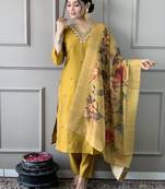 Mustard pv chanderi fabric readymade festive suit with embroidery work with printed