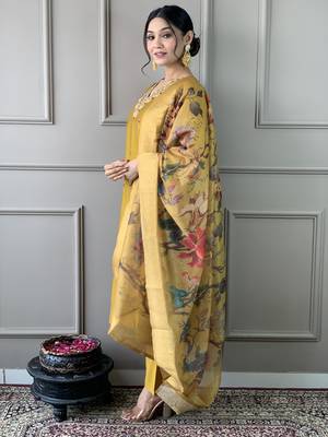 Mustard pv chanderi fabric readymade festive suit with embroidery work with printed 2