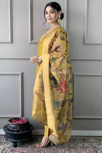 Mustard pv chanderi fabric readymade festive suit with embroidery work with printed