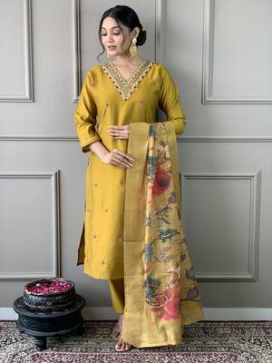 Mustard pv chanderi fabric readymade festive suit with embroidery work with printed 3
