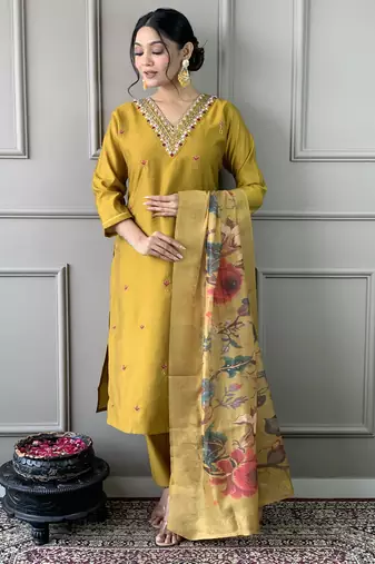 Mustard pv chanderi fabric readymade festive suit with embroidery work with printed