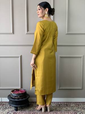Mustard pv chanderi fabric readymade festive suit with embroidery work with printed 4