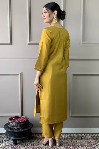 Mustard pv chanderi fabric readymade festive suit with embroidery work with printed