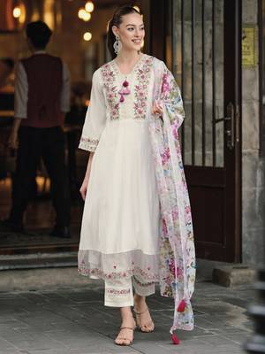 White chanderi fabric readymade festive suit with embroidery work with printed 1