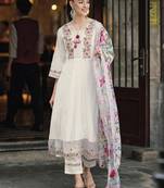 White chanderi fabric readymade festive suit with embroidery work with printed