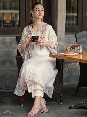 White chanderi fabric readymade festive suit with embroidery work with printed 2
