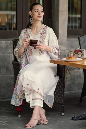White chanderi fabric readymade festive suit with embroidery work with printed