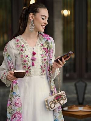 White chanderi fabric readymade festive suit with embroidery work with printed 4