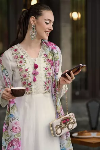 White chanderi fabric readymade festive suit with embroidery work with printed