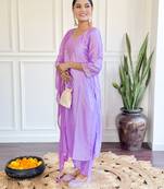 Purple chanderi fabric readymade festive suit with embroidery work