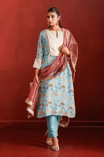 Turquoise Floral Printed bohemian suit
