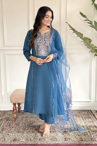 Blue beautiful partywear chanderi viscose embroidery work partywear dress