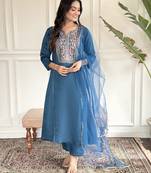 Blue beautiful partywear chanderi viscose embroidery work partywear dress