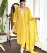 Yellow beautiful partywear chanderi embroidery work partywear dress