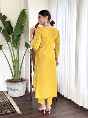 Yellow beautiful partywear chanderi embroidery work partywear dress 2