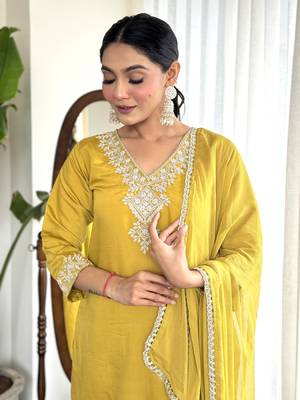 Yellow beautiful partywear chanderi embroidery work partywear dress 3