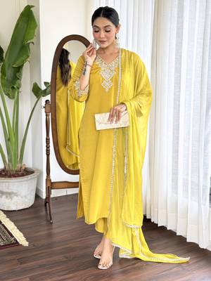 Yellow beautiful partywear chanderi embroidery work partywear dress 4