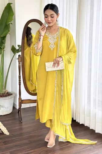 Yellow beautiful partywear chanderi embroidery work partywear dress