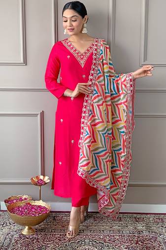 Pink beautiful partywear viscose embroidery work with printed partywear dress