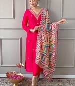 Pink beautiful partywear viscose embroidery work with printed partywear dress