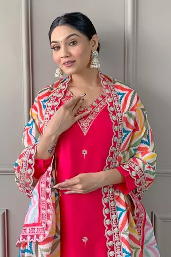 Pink beautiful partywear viscosee embroidery work with printed partywear dress