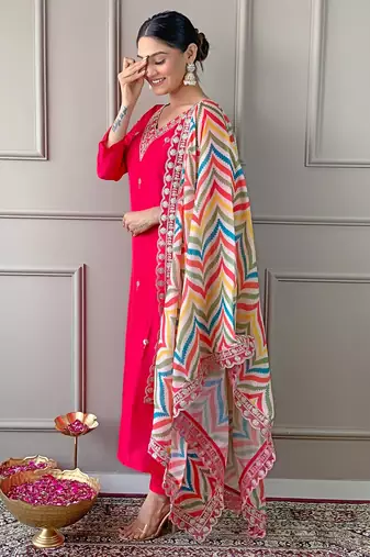 Pink beautiful partywear viscosee embroidery work with printed partywear dress