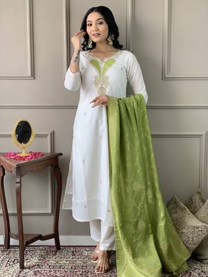 White beautiful partywear chanderi viscosee embroidery work partywear dress 1