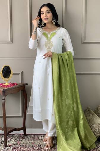 White beautiful partywear chanderi viscose embroidery work partywear dress