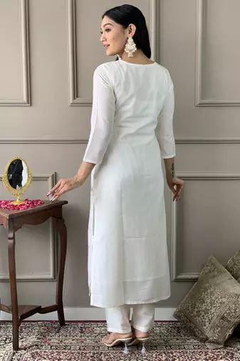 White beautiful partywear chanderi viscosee embroidery work partywear dress