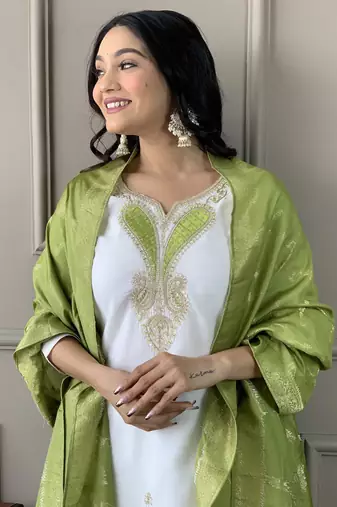 White beautiful partywear chanderi viscosee embroidery work partywear dress